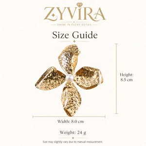 Size guide showing the proportions of hammered floral pearl earrings