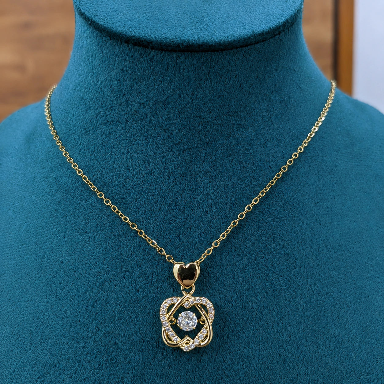 Alternate product view of the gold crystal knot necklace