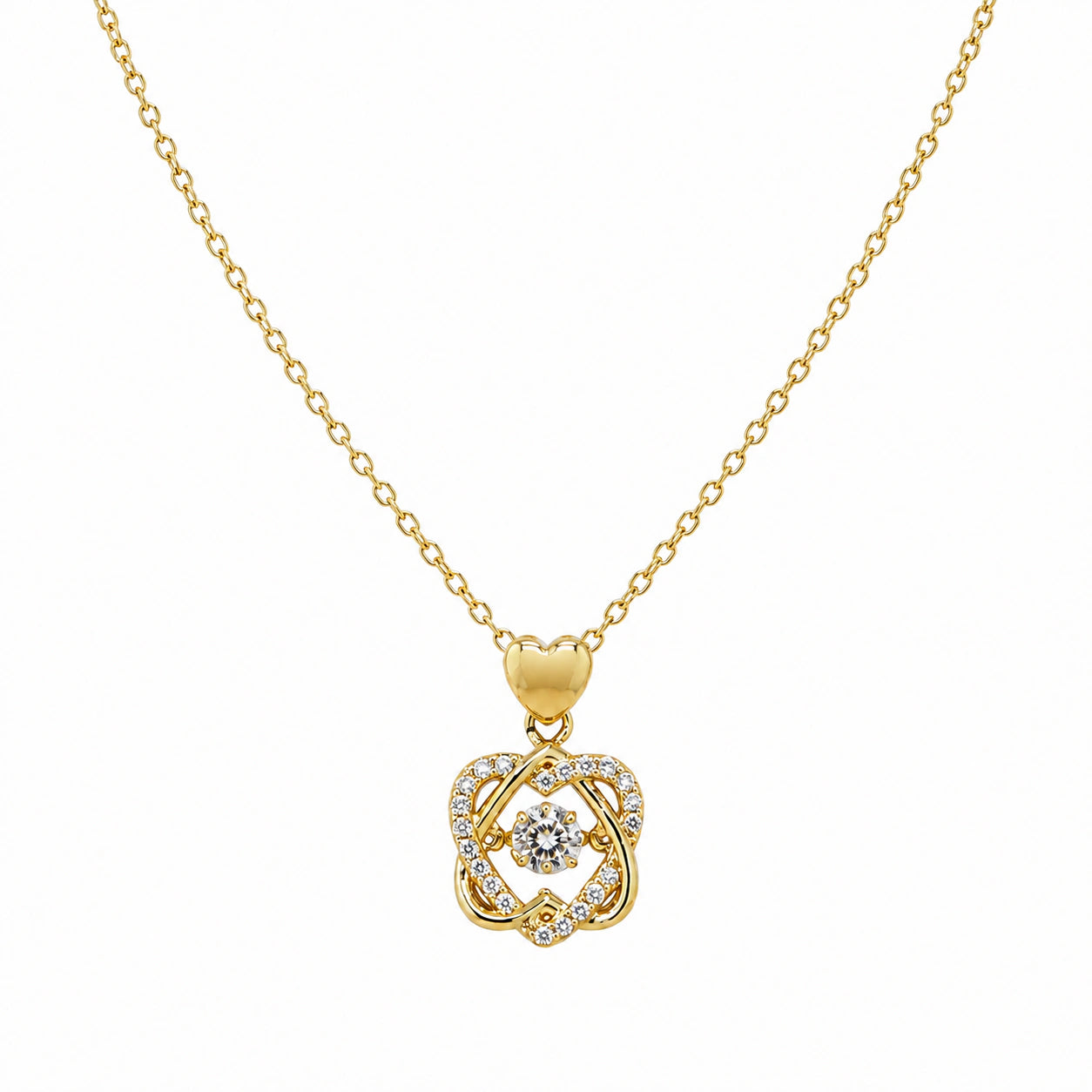 Close-up of the heart bail and crystal knot pendant detailing