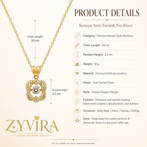 Product details card for the gold heart-bail crystal knot necklace