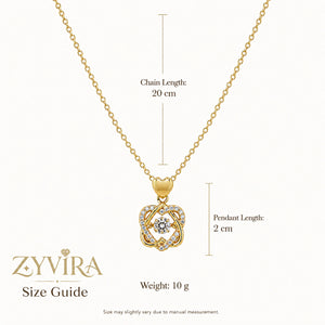 Size guide showing the proportions of the crystal knot necklace