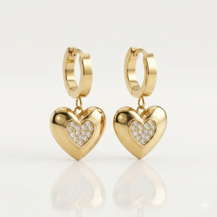 Gold pavé-style heart charm huggie hoop drop earrings