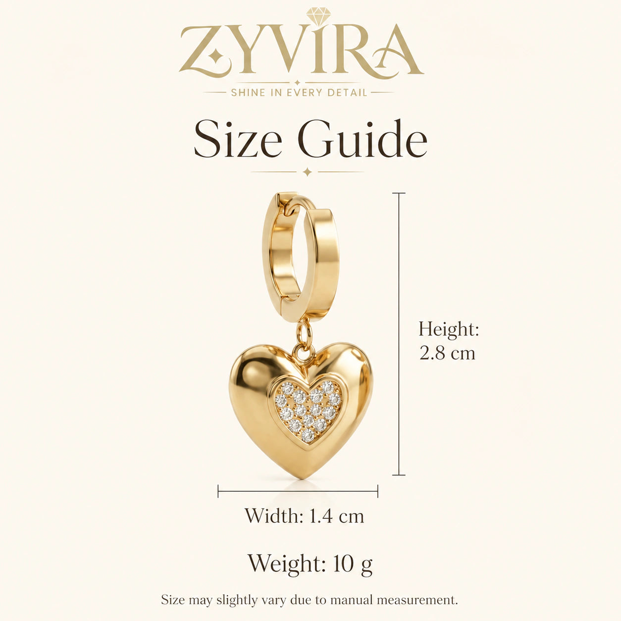 Size guide showing the proportions of heart charm huggie hoops