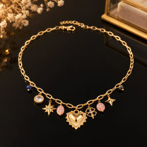 Close-up of the heart charm and pink bead accents