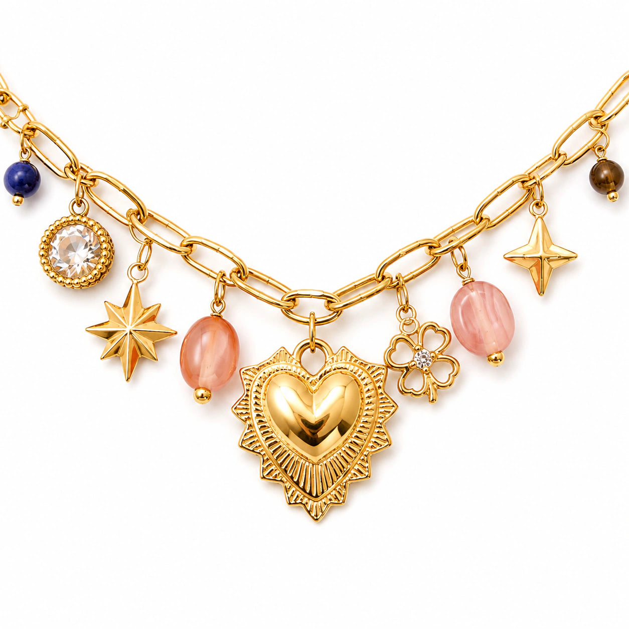 Gold-tone heart charm necklace with pink bead accents