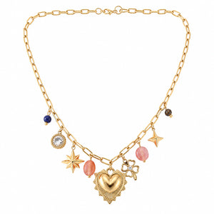 Product details card for the gold heart charm pink bead necklace