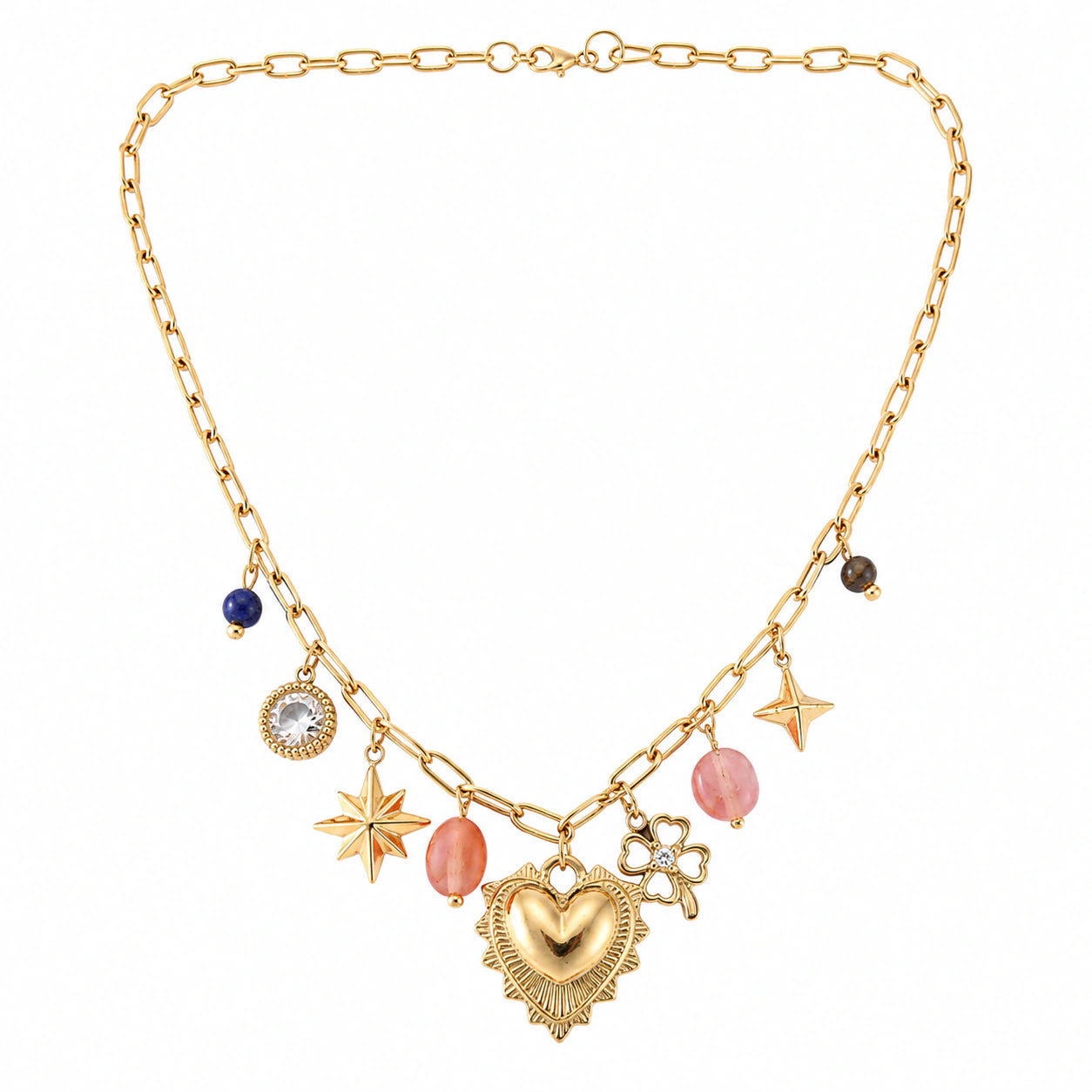 Product details card for the gold heart charm pink bead necklace