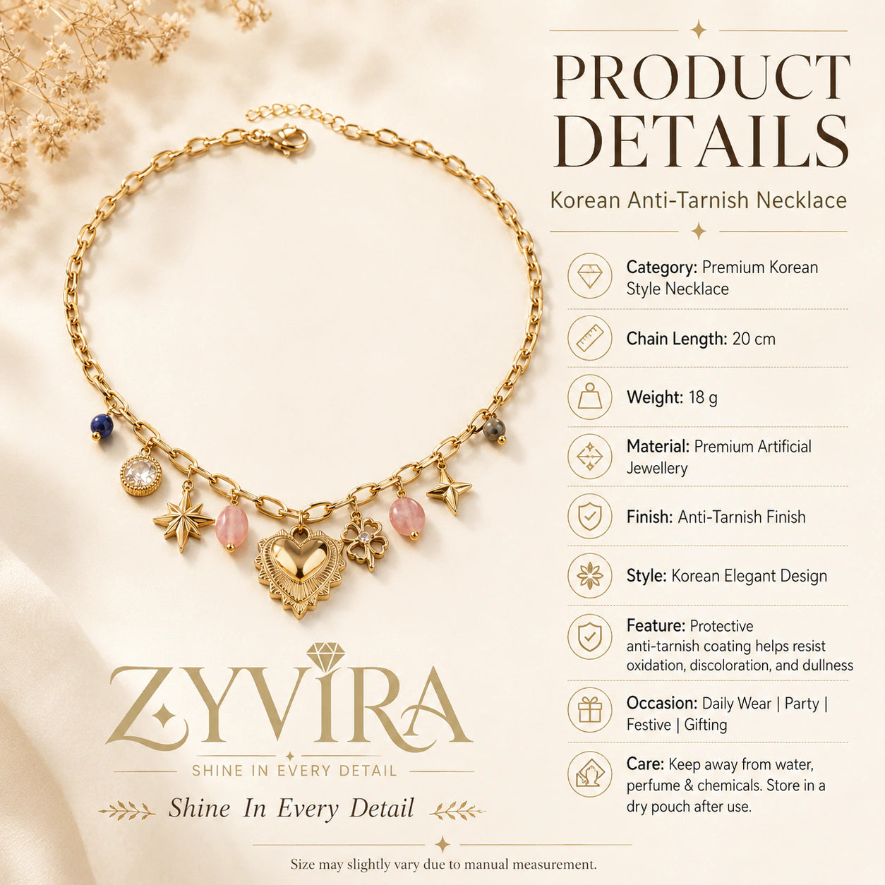 Size guide showing the proportions of the heart charm necklace