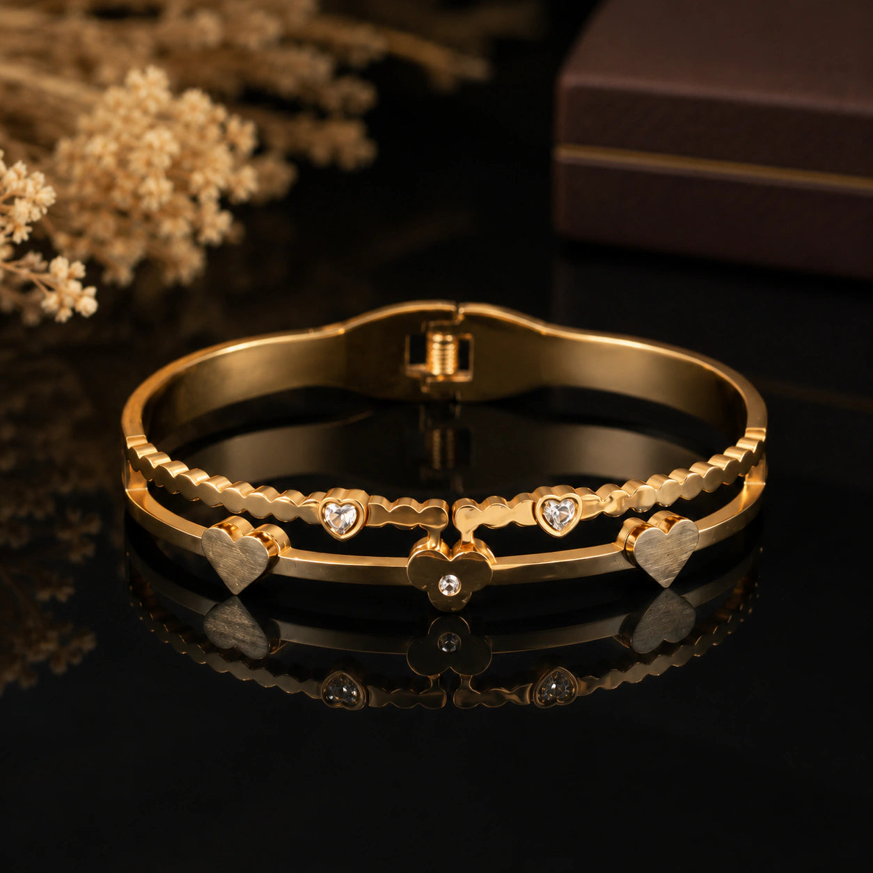 Alternate product view of the gold heart crystal scallop kada