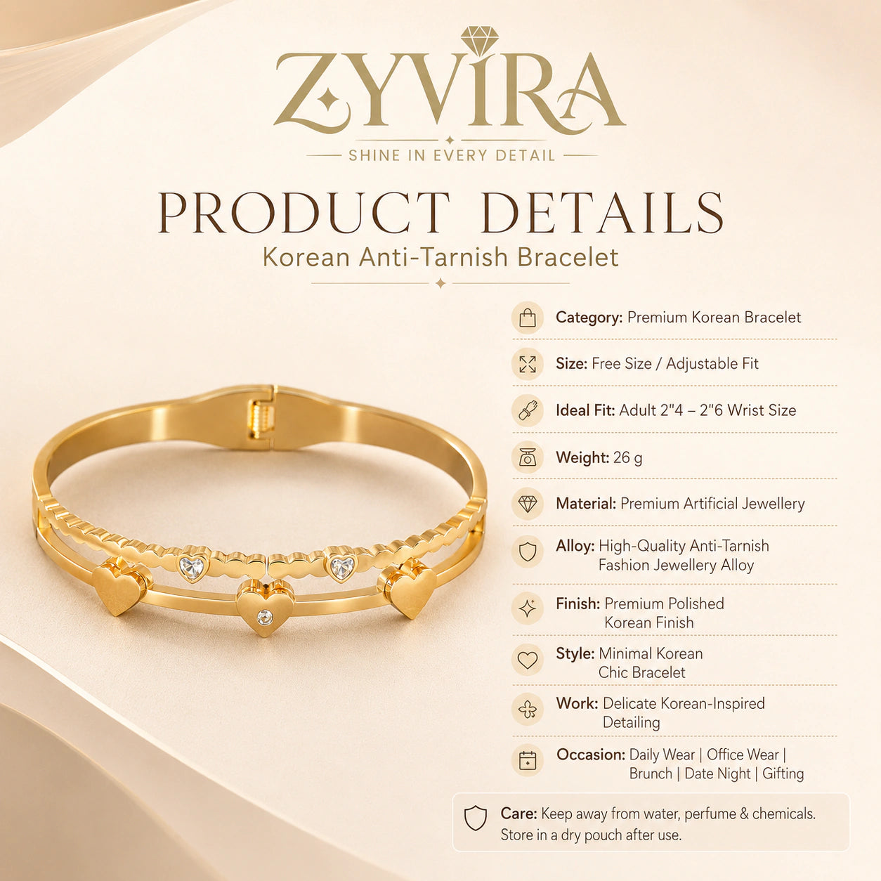 Open structure view of the gold heart crystal kada