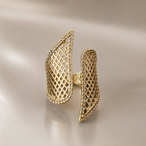 Alternate detail view of the gold lattice wing ring