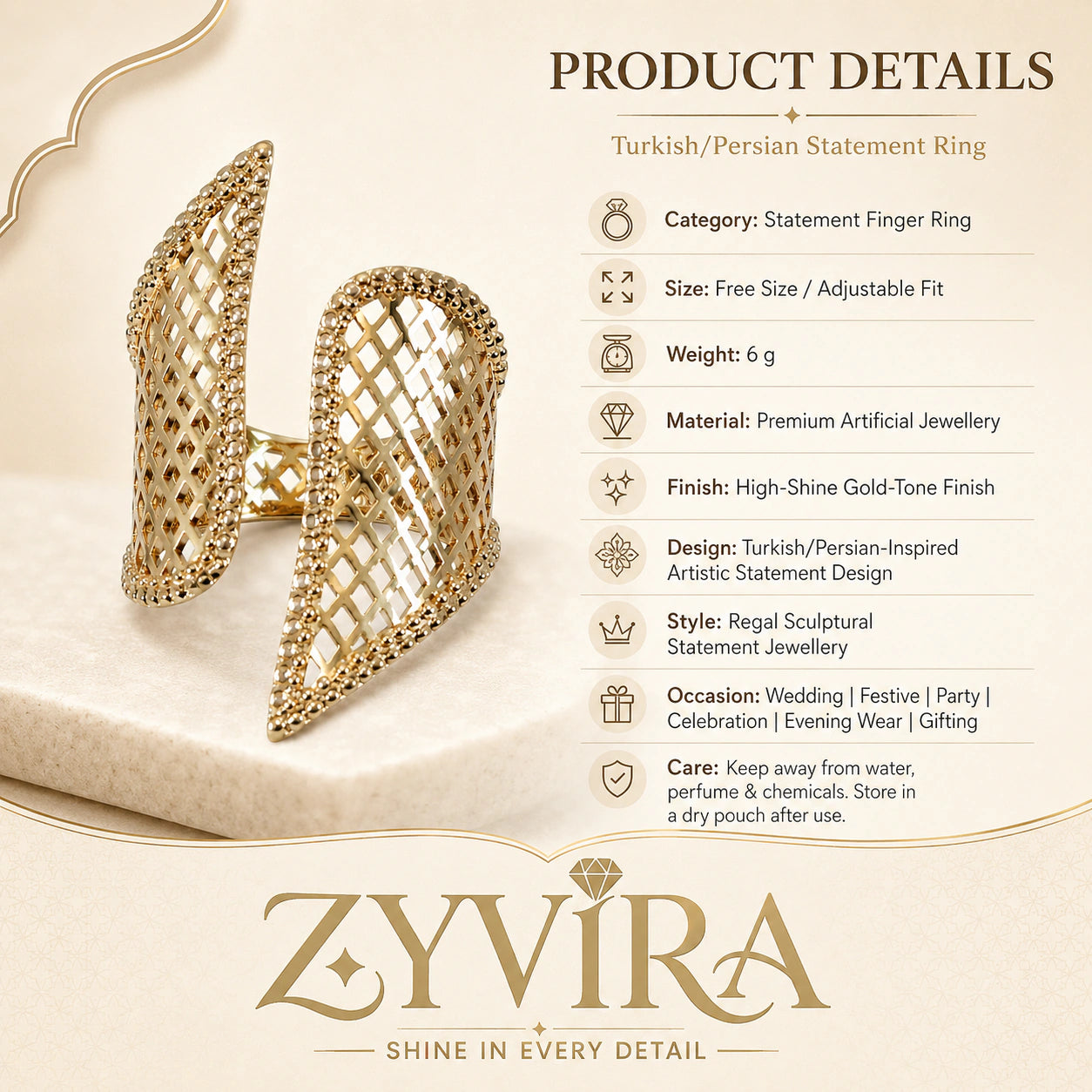 Gold lattice wing ring styled in an elegant jewellery flat lay