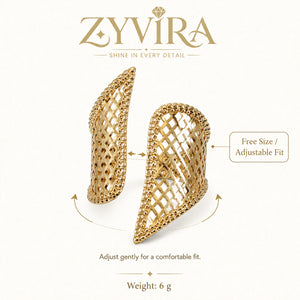 Open adjustable view of the gold lattice wing ring