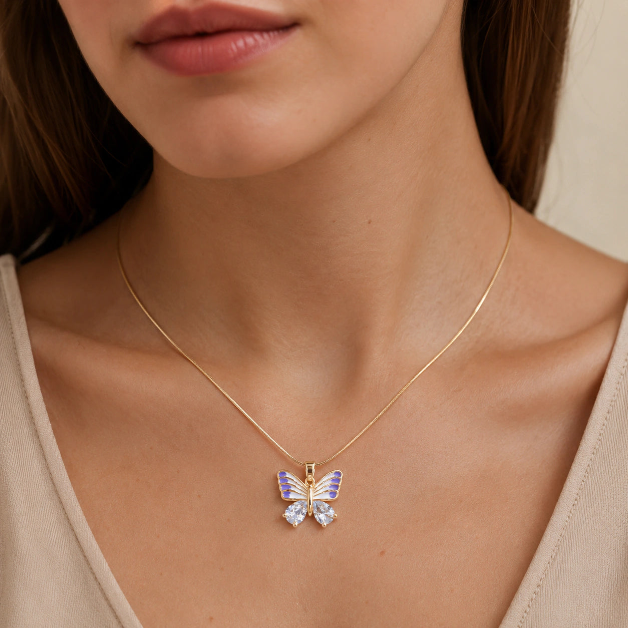 Alternate product view of the gold lavender butterfly necklace