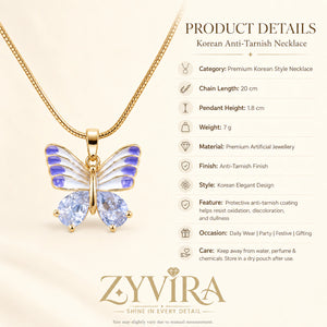 Product details card for the gold lavender butterfly necklace