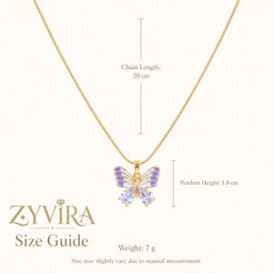 Size guide showing the proportions of the lavender butterfly necklace
