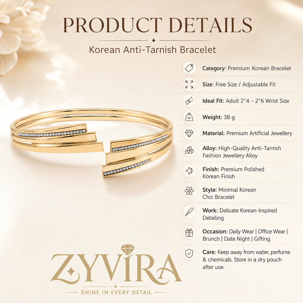 Open structure view of the gold stepped-bar crystal cuff