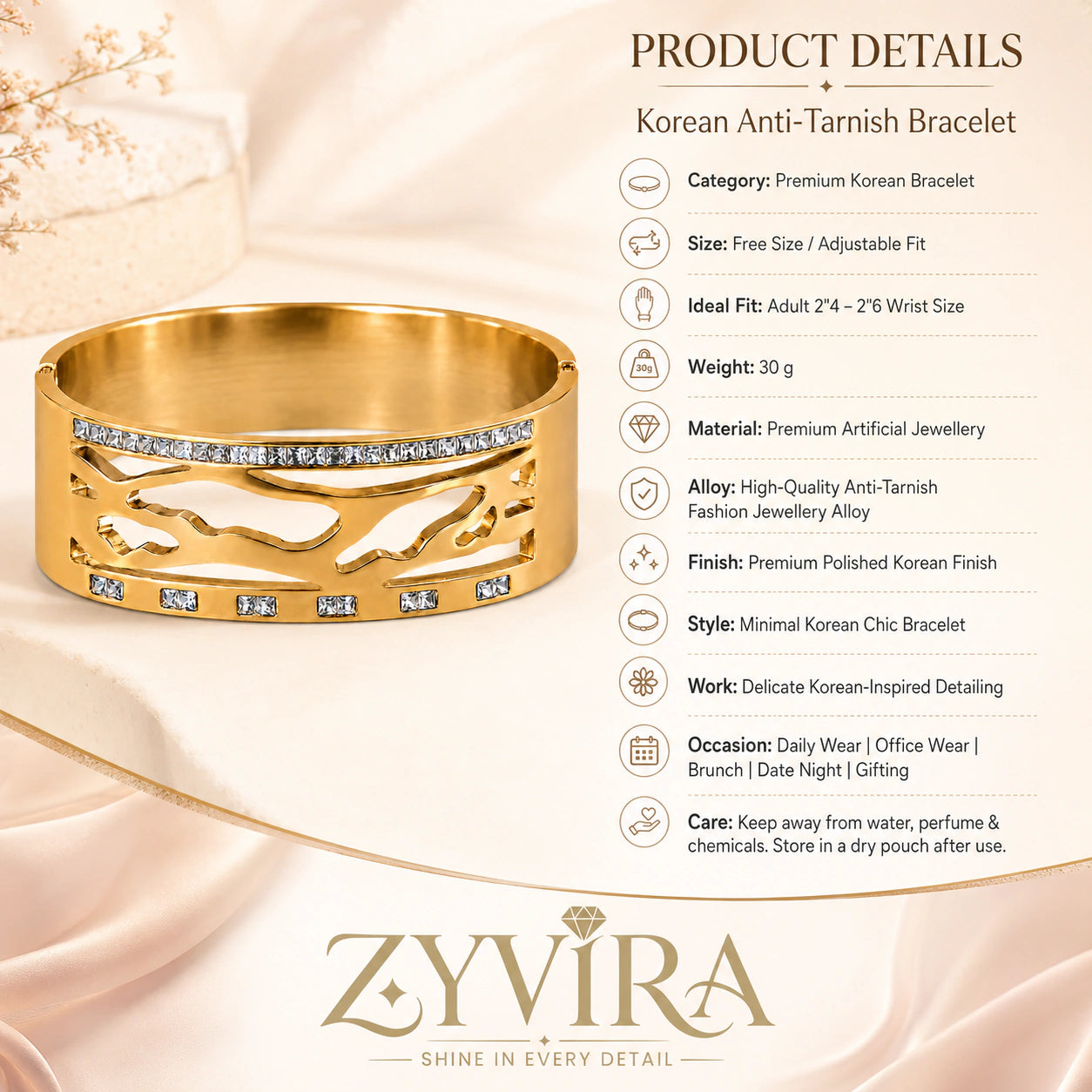 Angled view of the gold marquise crystal bar kada