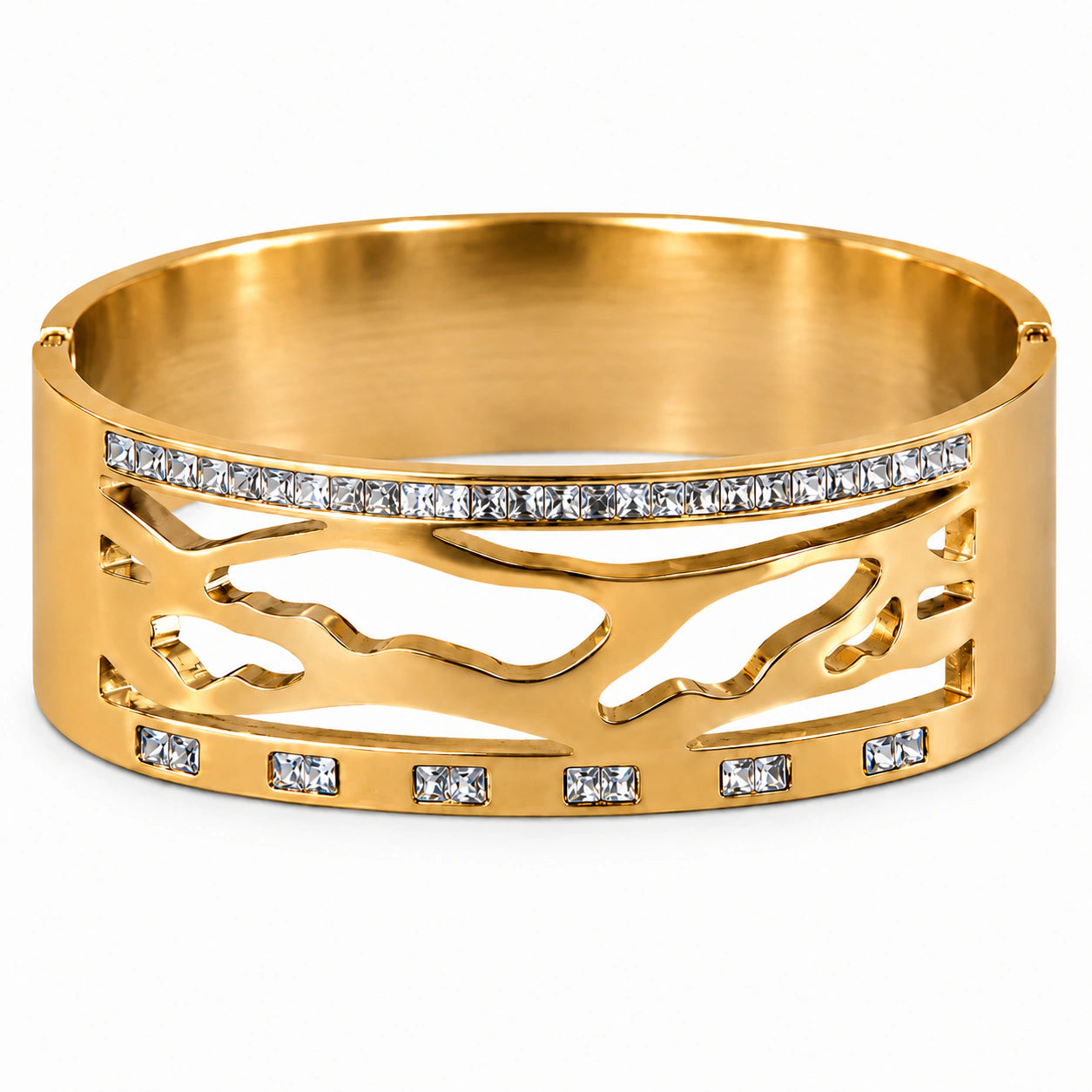 Gold marquise crystal bar kada on a dark jewellery studio display