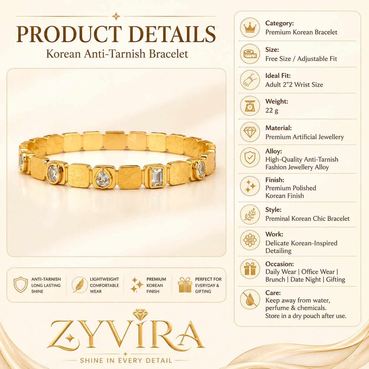 Gold mixed-cut crystal bracelet styled in an elegant jewellery flat lay