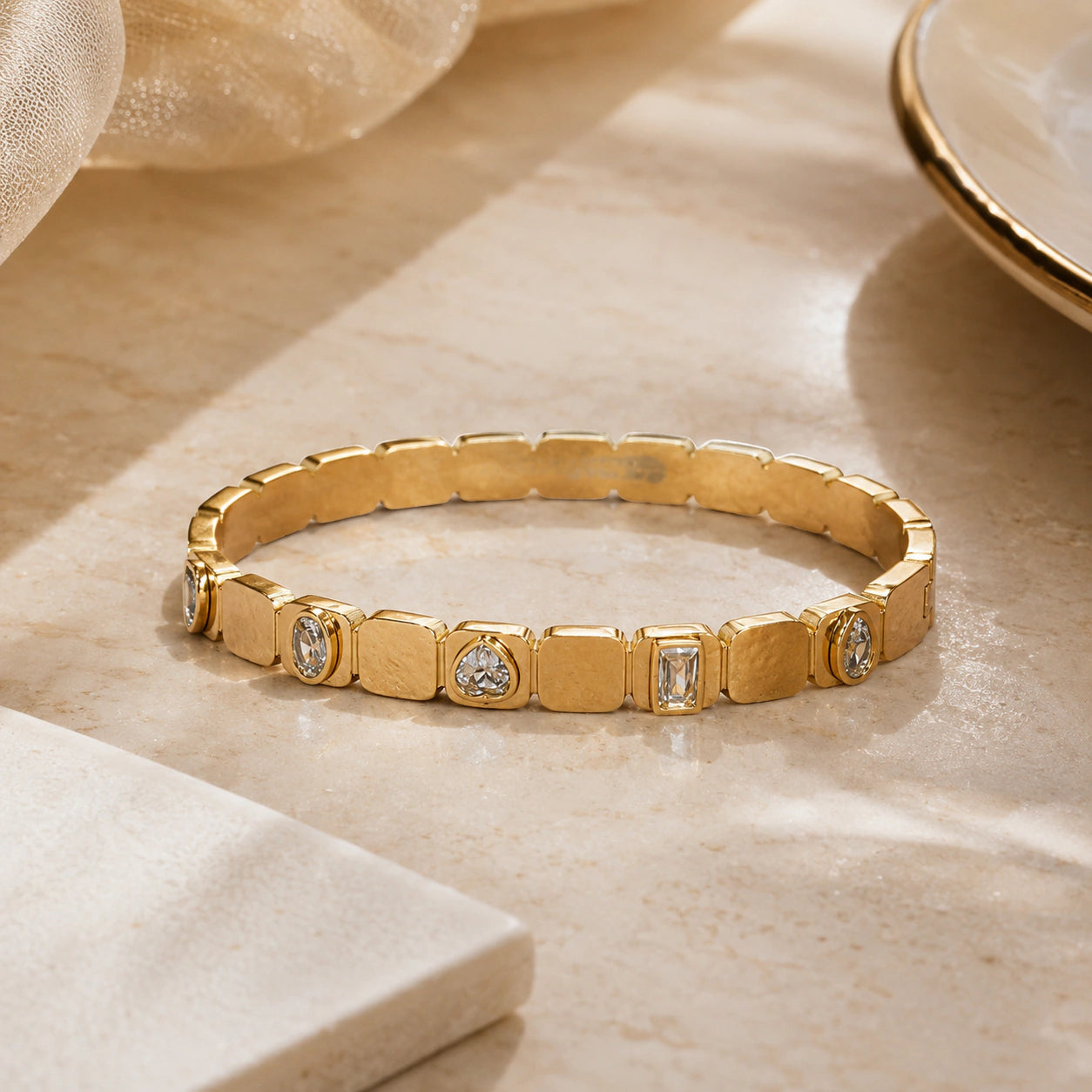 Close-up of mixed-cut crystals and rigid link detailing