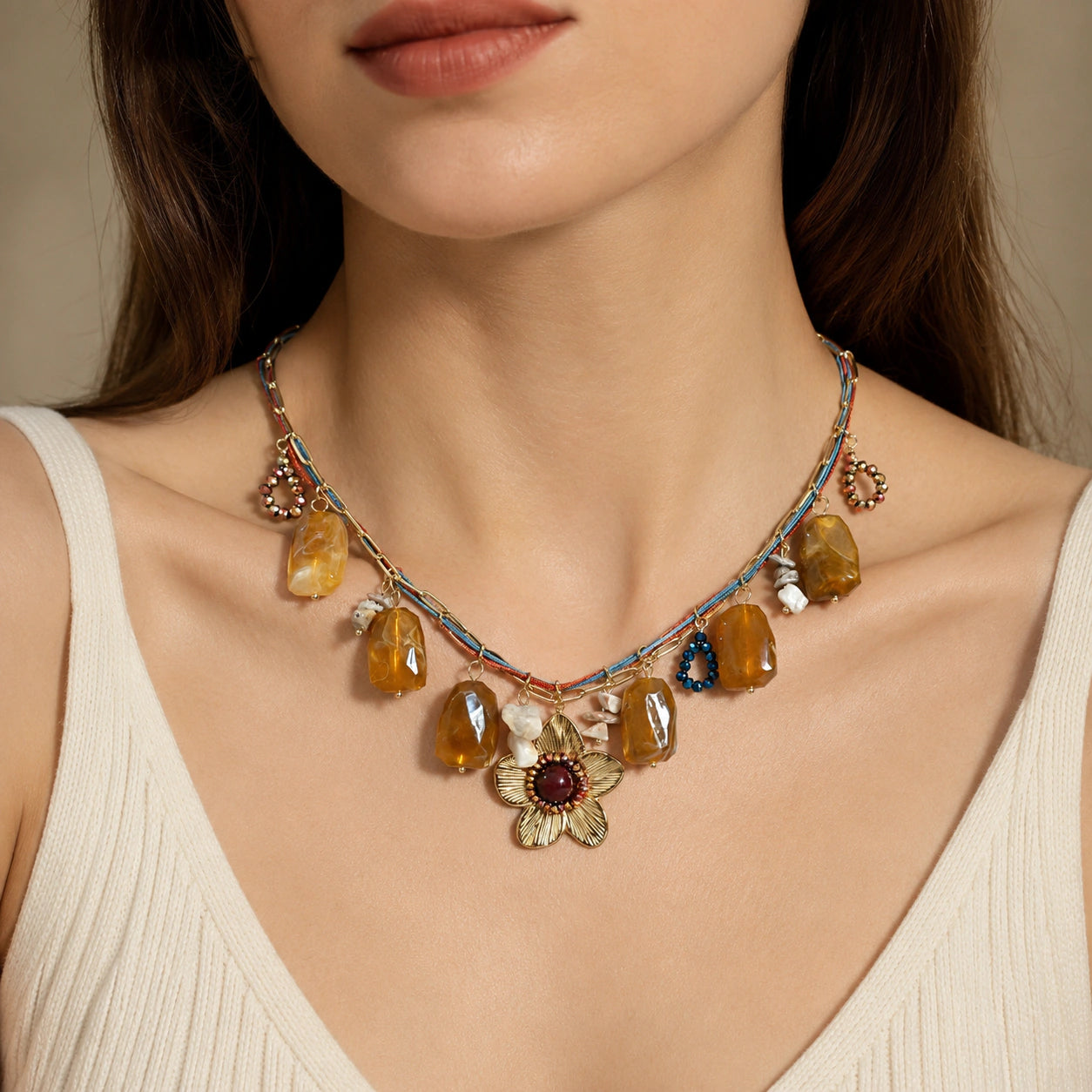 Angled view of the gold multicolour flower charm necklace
