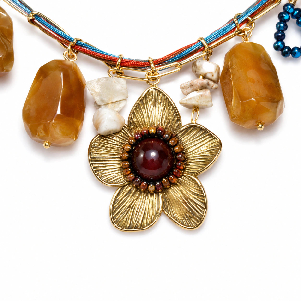 Close-up of the multicolour flower charm detailing