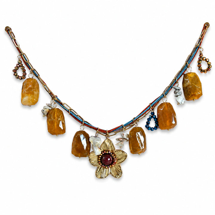 Gold-tone multicolor flower charm necklace