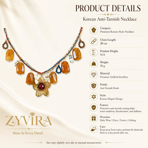 Product details card for the gold multicolour flower charm necklace