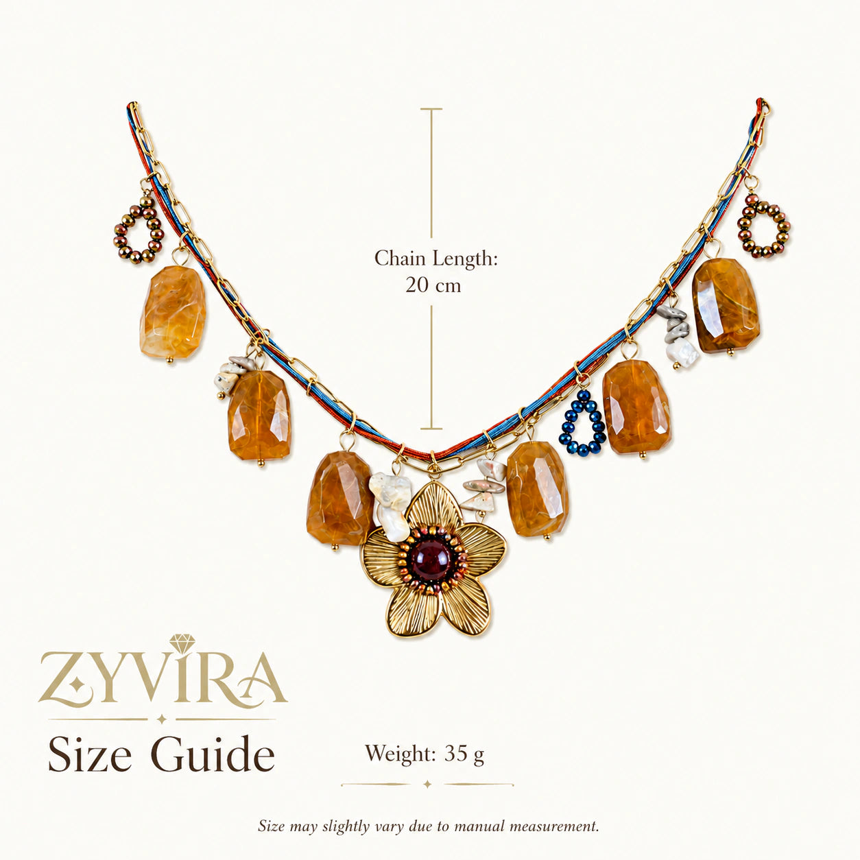 Size guide showing the proportions of the flower charm necklace