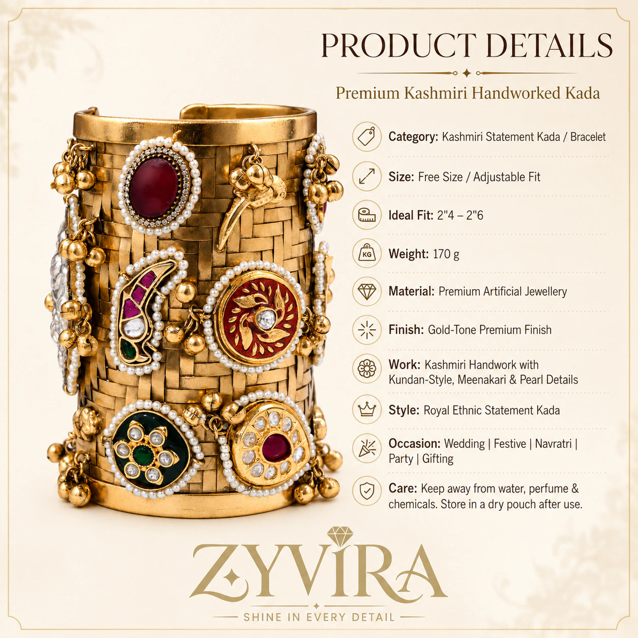 Alternate product view of the gold multicolor Kundan kada