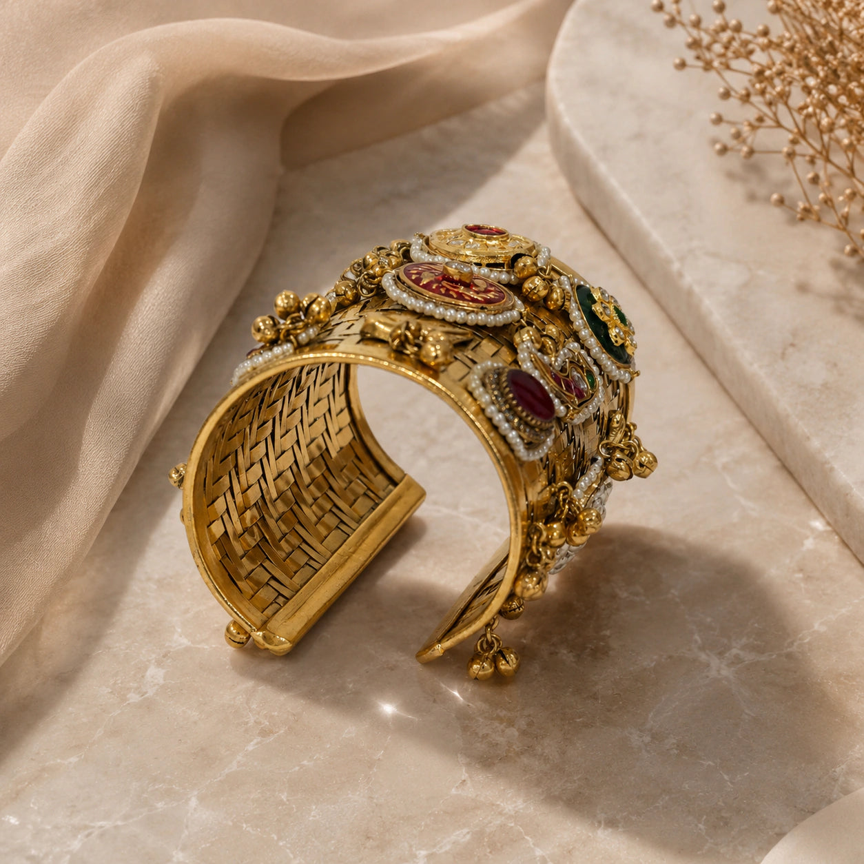 Alternate styled view of the gold multicolor Kundan kada