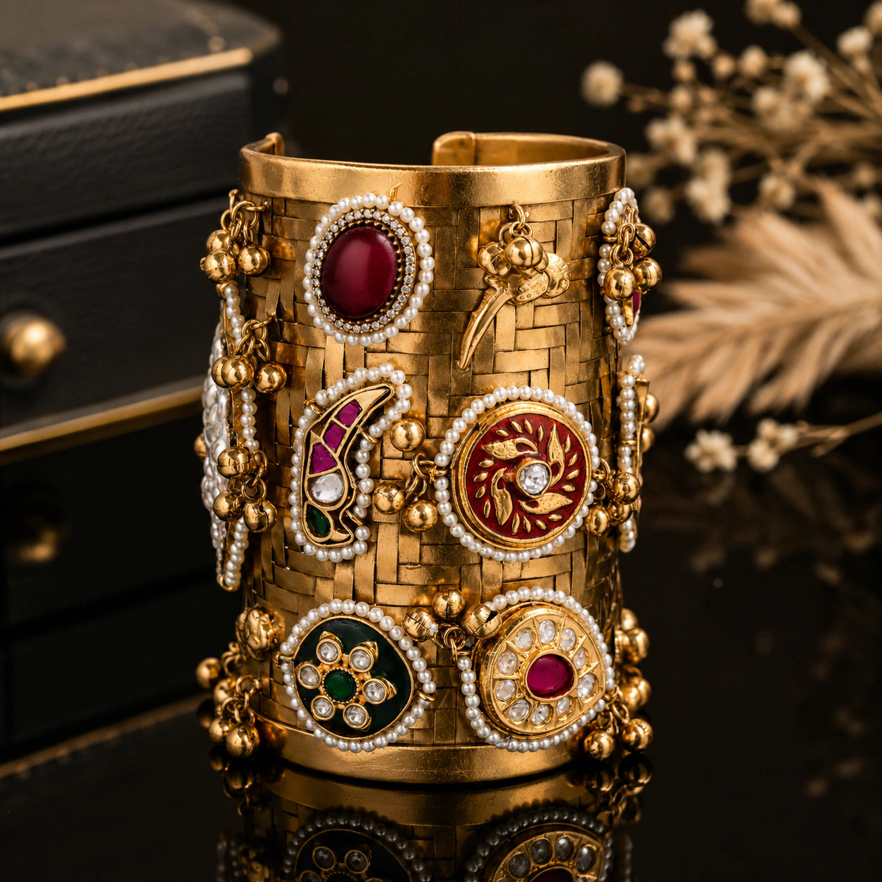 Angled view of the gold multicolor Kundan handwork kada