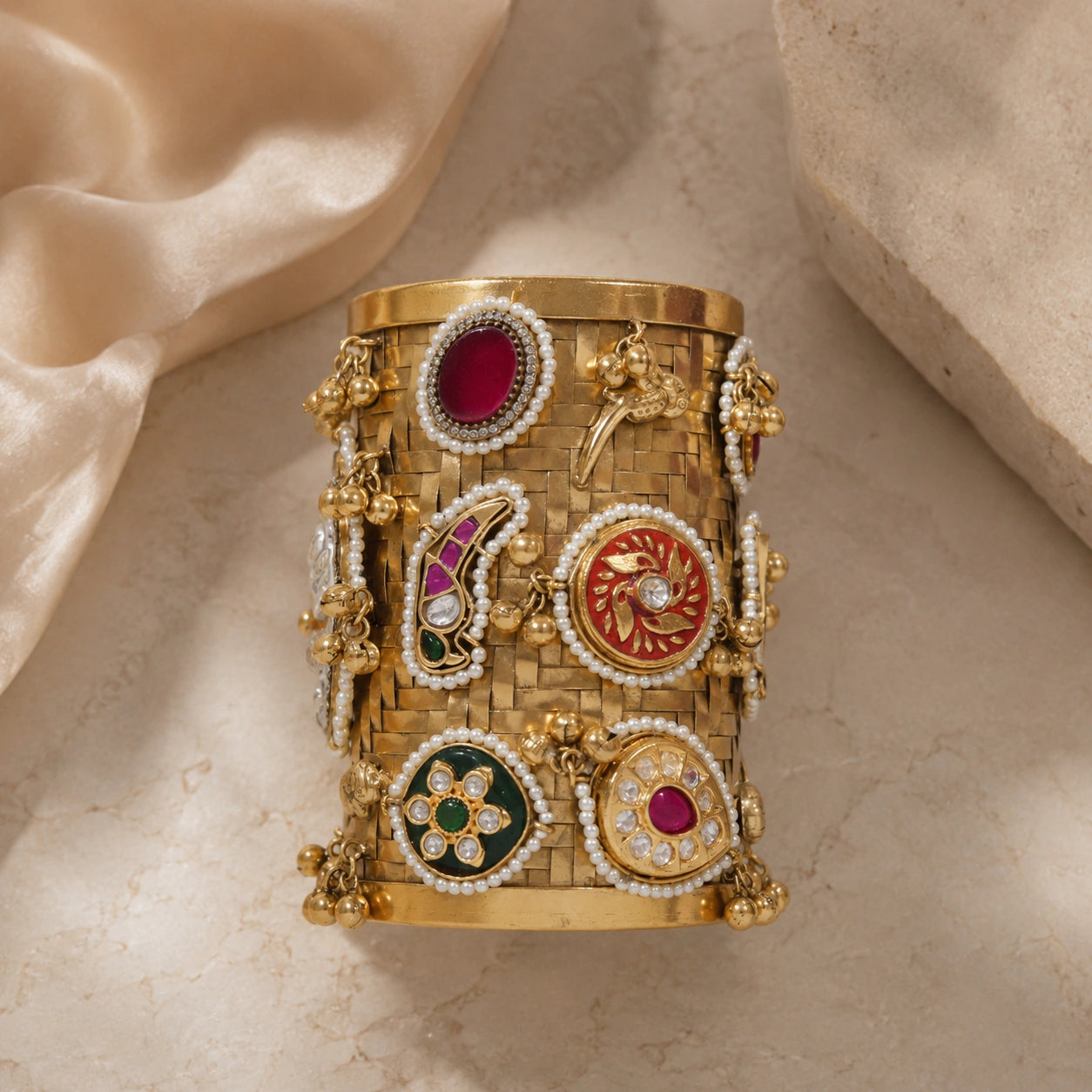 Detailed view of the handcrafted gold-tone kada surface