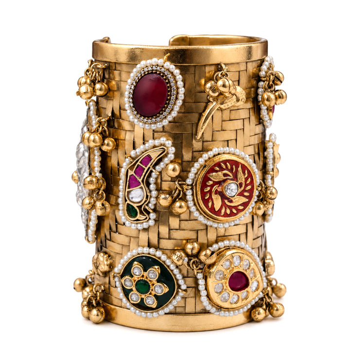 Gold-tone multicolor medallion Kundan handwork Kashmiri kada