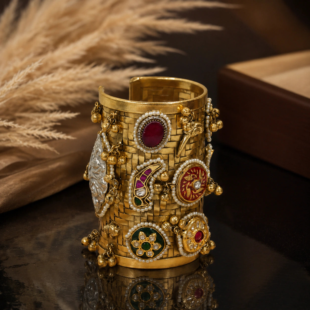 Top view of the gold multicolor Kundan handwork kada