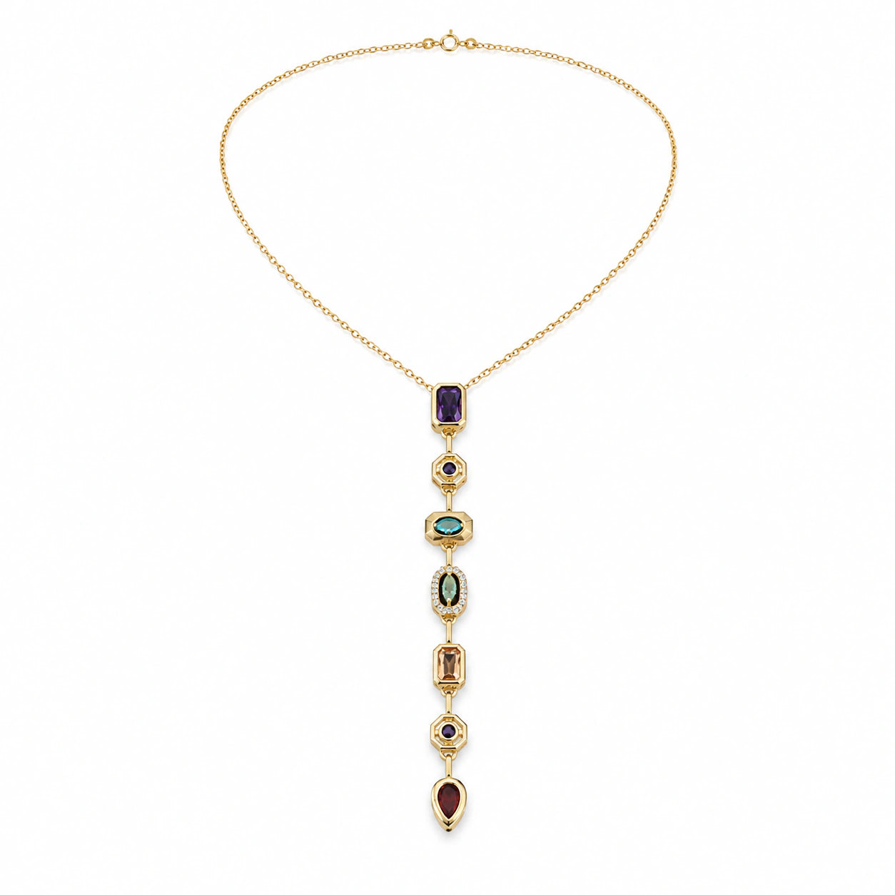 Gold multicolour Y necklace styled in an elegant jewellery flat lay