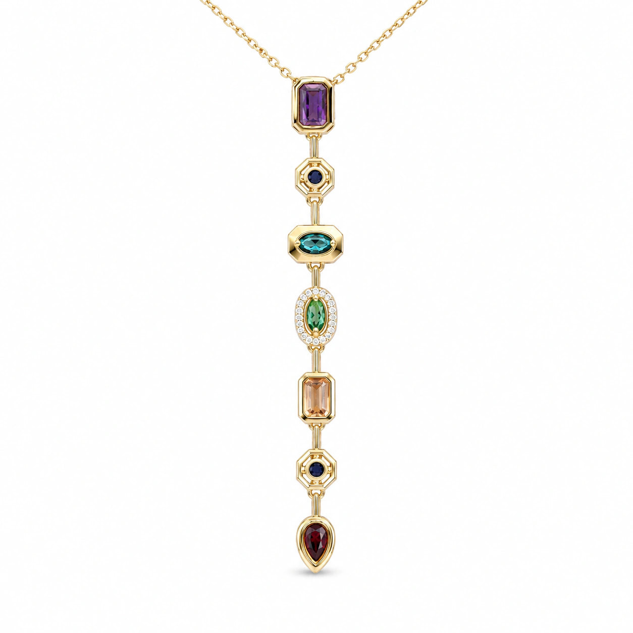 Gold-tone multicolor stone drop Y necklace