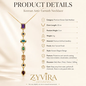 Product details card for the gold multicolour stone Y necklace