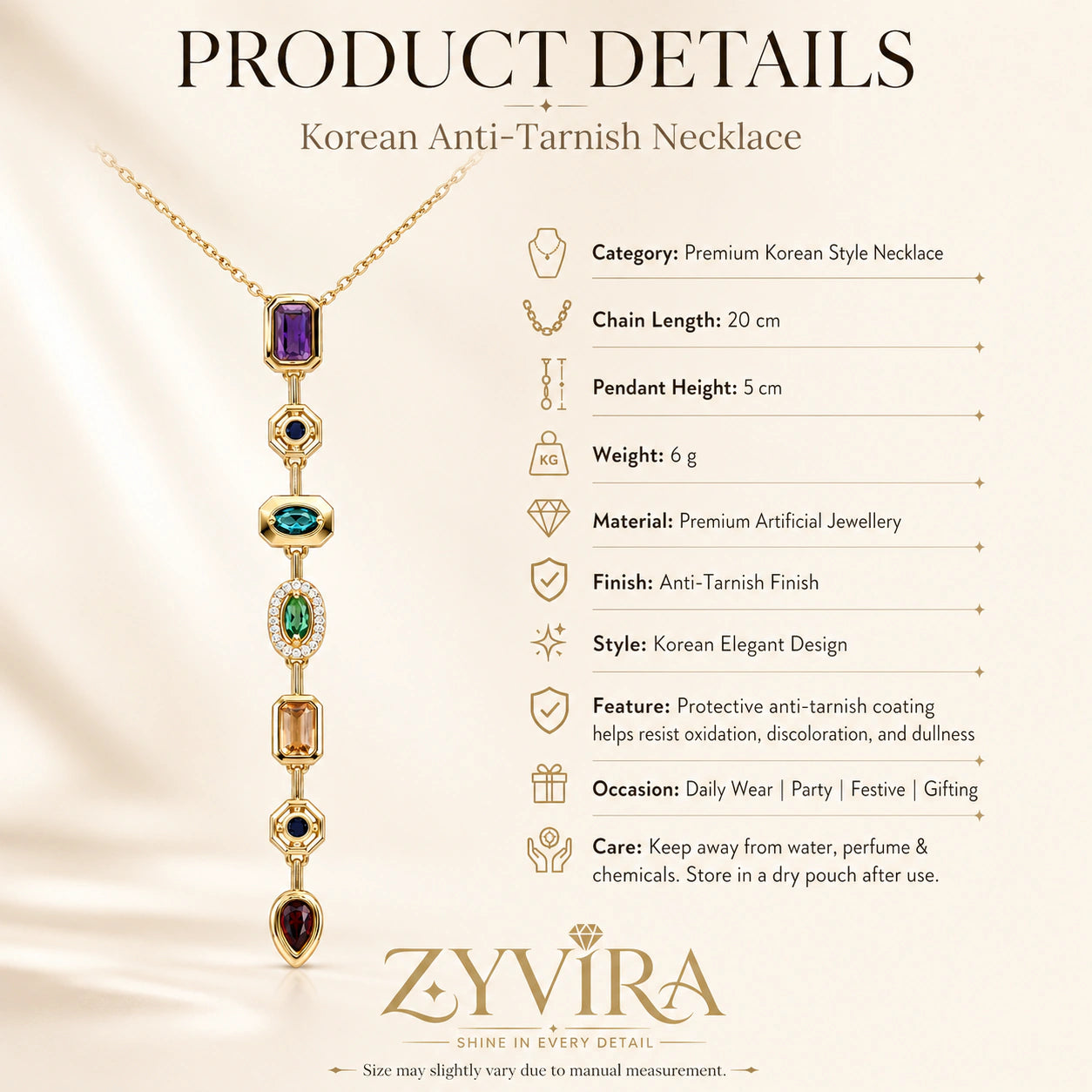 Product details card for the gold multicolour stone Y necklace