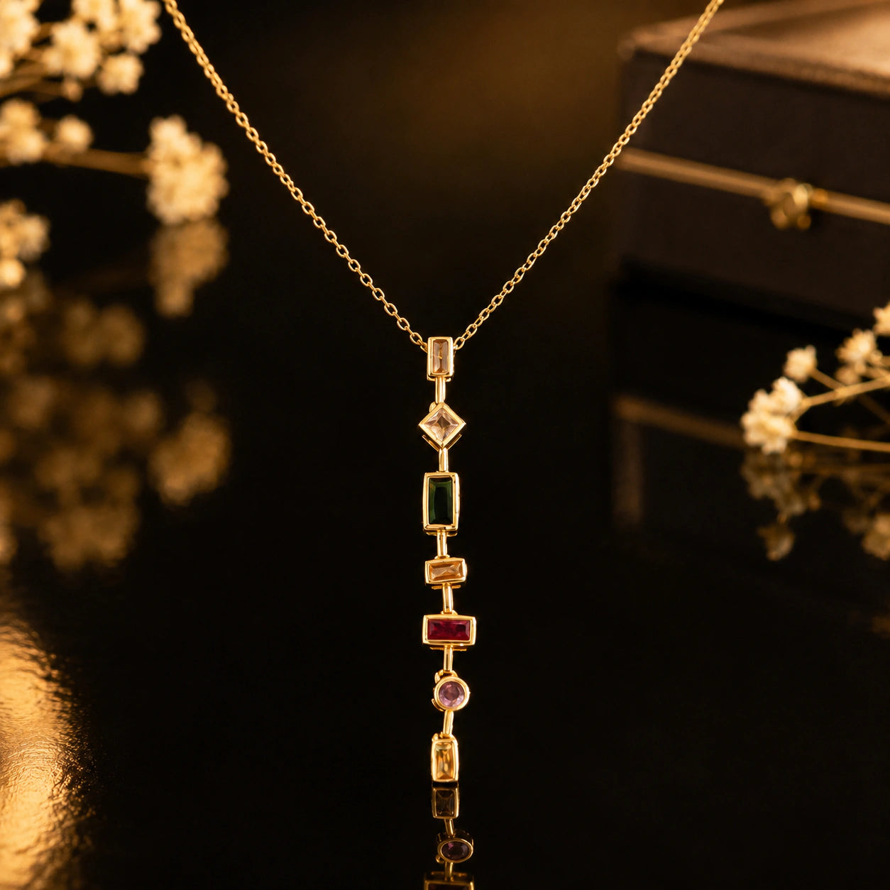 Alternate product view of the gold multigem geometric Y necklace