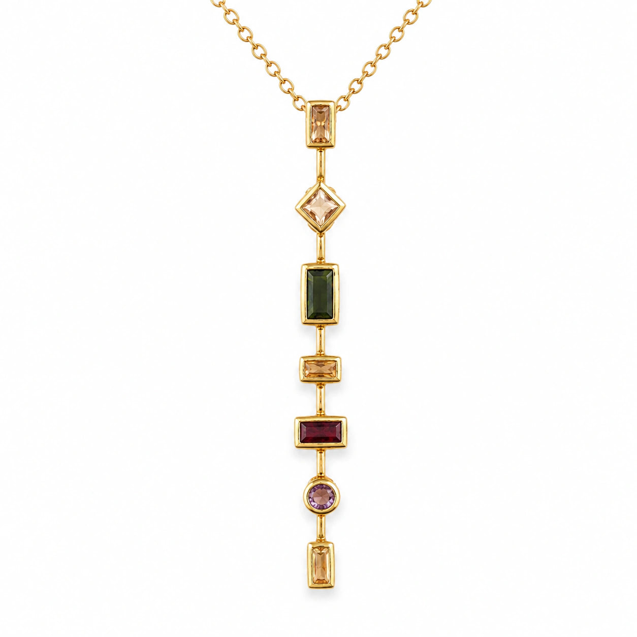 Gold-tone multigem geometric drop Y necklace