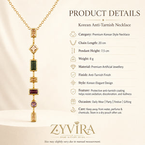 Product details card for the gold multigem geometric Y necklace