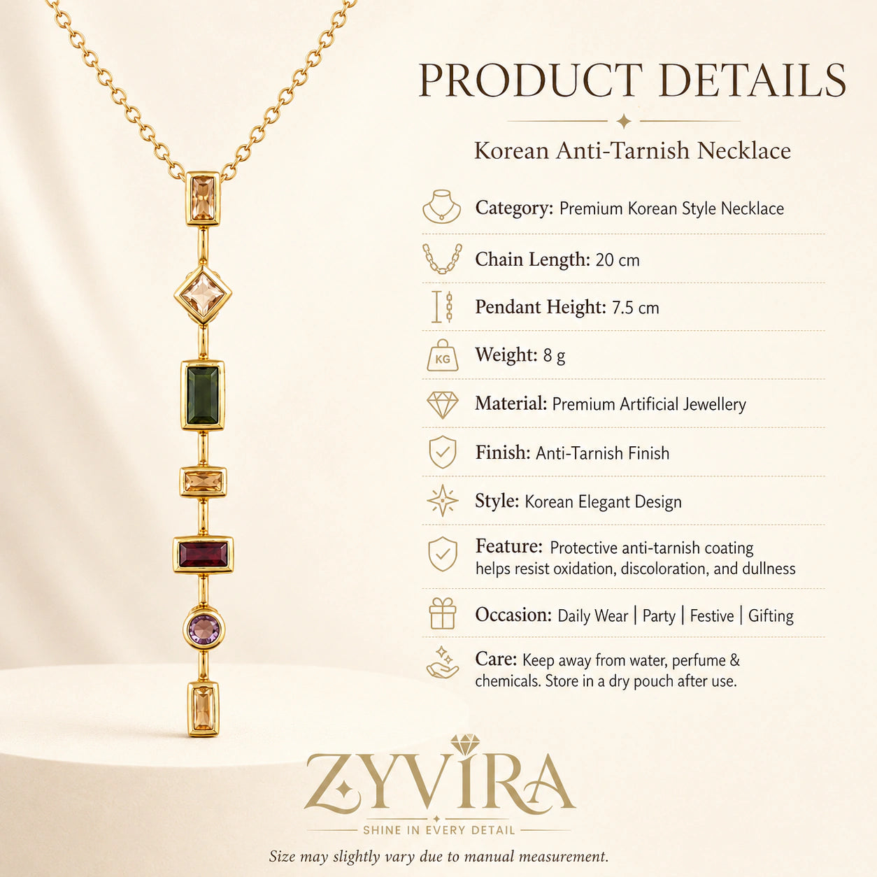 Product details card for the gold multigem geometric Y necklace