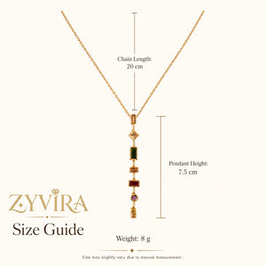 Size guide showing the proportions of the multigem Y necklace