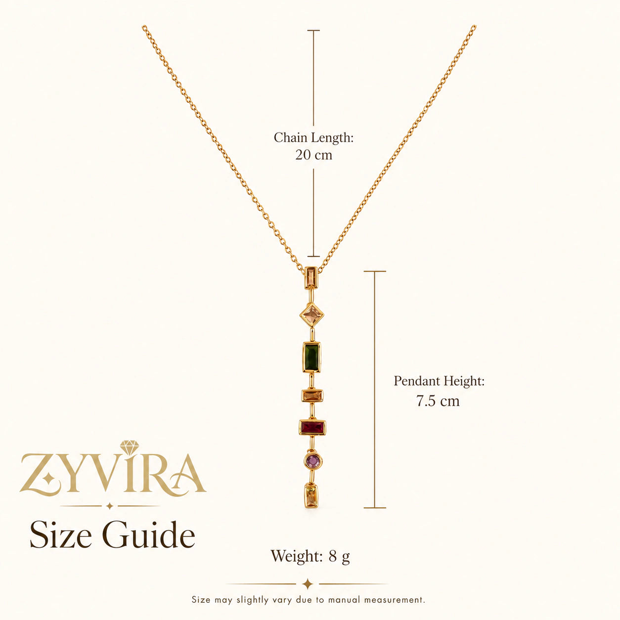 Size guide showing the proportions of the multigem Y necklace