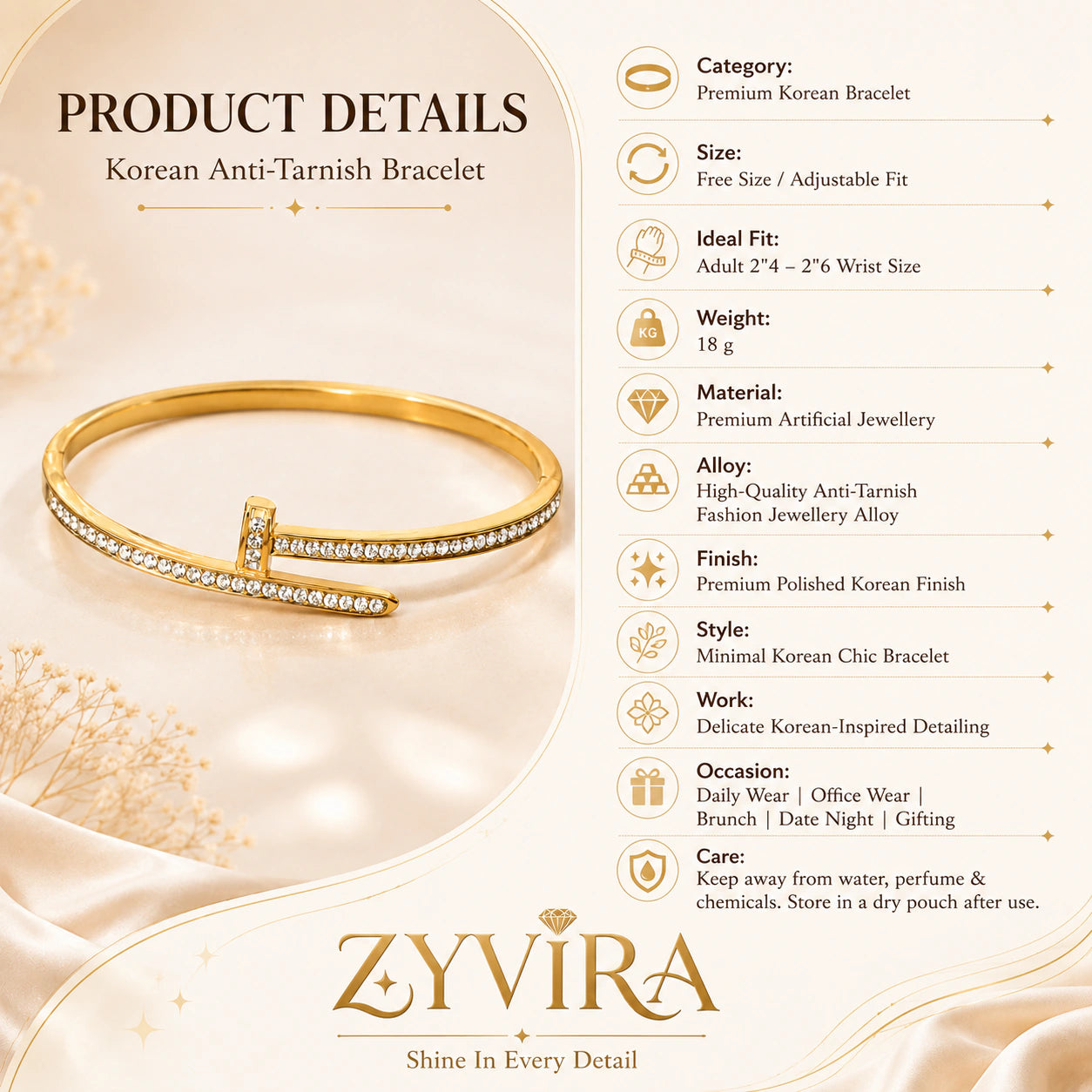 Gold nail-wrap crystal kada styled in an elegant jewellery flat lay
