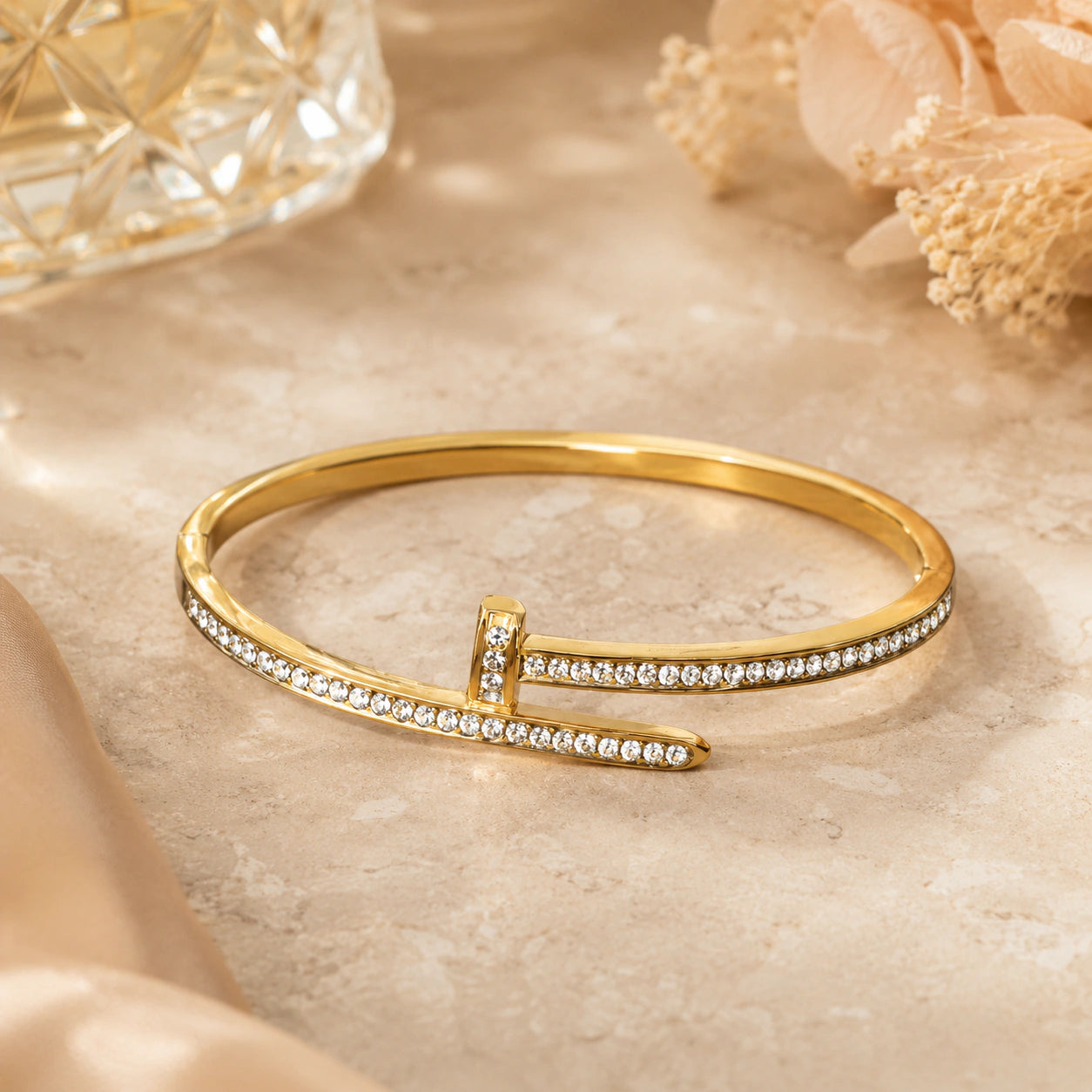 Close-up of the nail-wrap form and crystal detailing