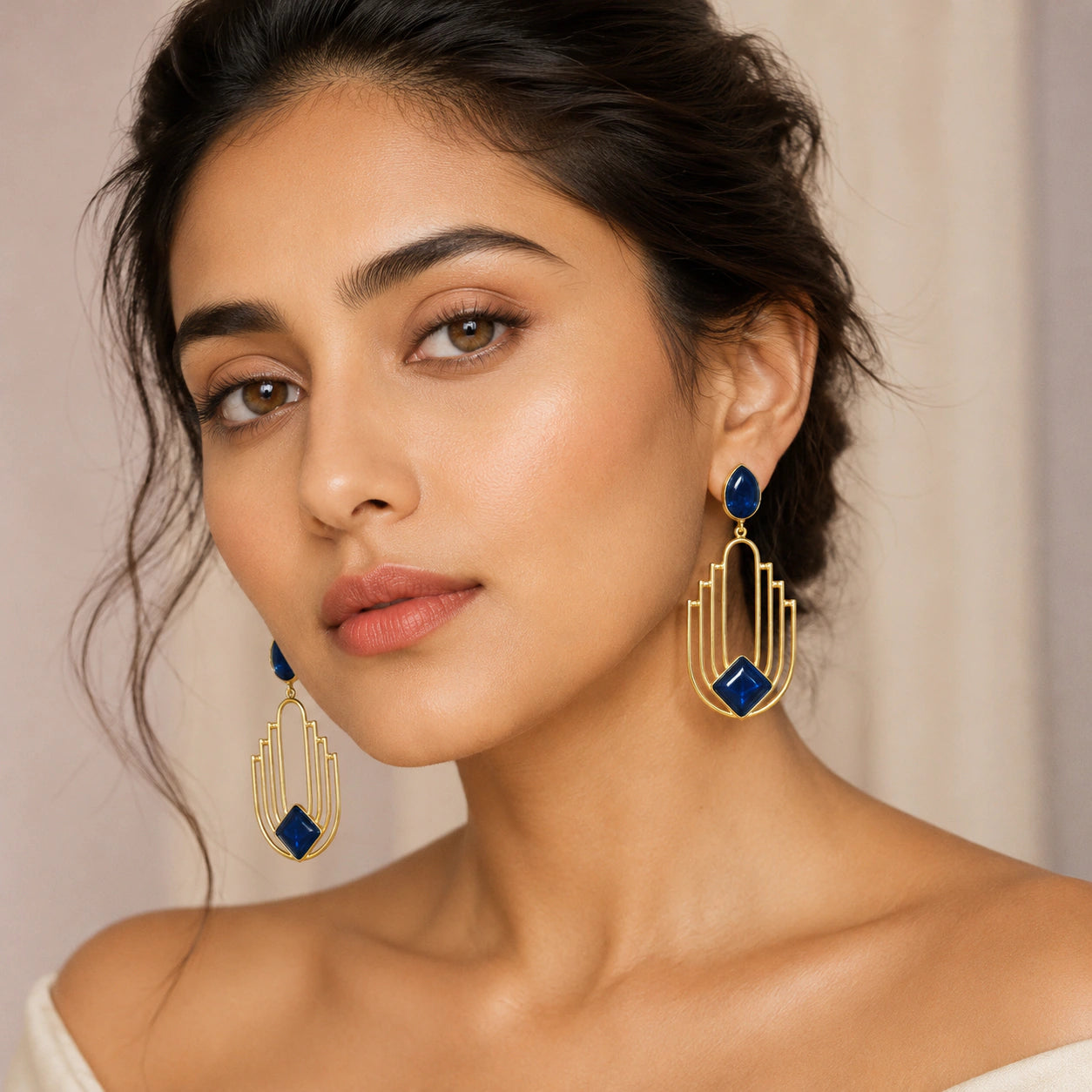 Alternate product view of gold navy geometric chandelier earrings
