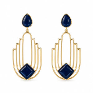Close-up of navy blue geometric panels and gold-tone detailing